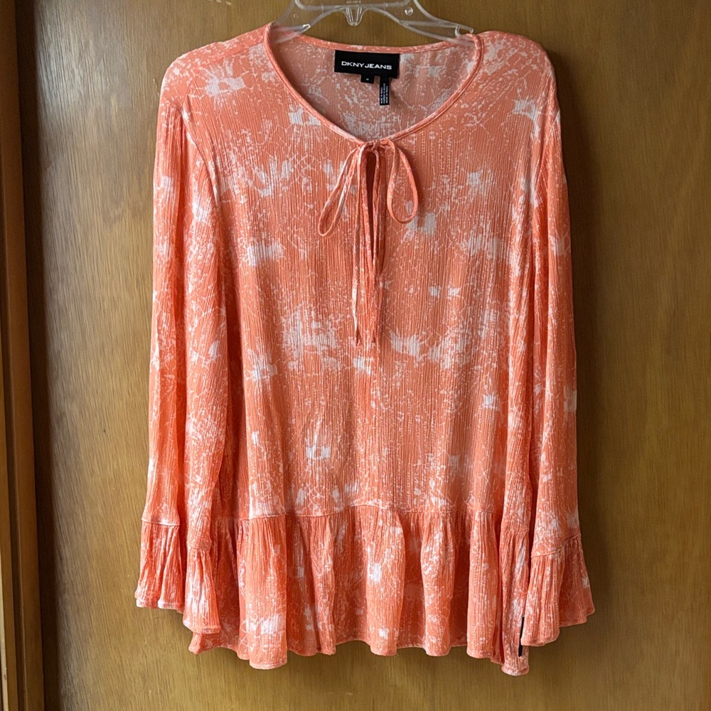 DKNY Orange Tie-Neck Boho Blouse